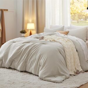 King Comforter Set, Beige Soft Prewashed Bedding for All Seasons, 3
